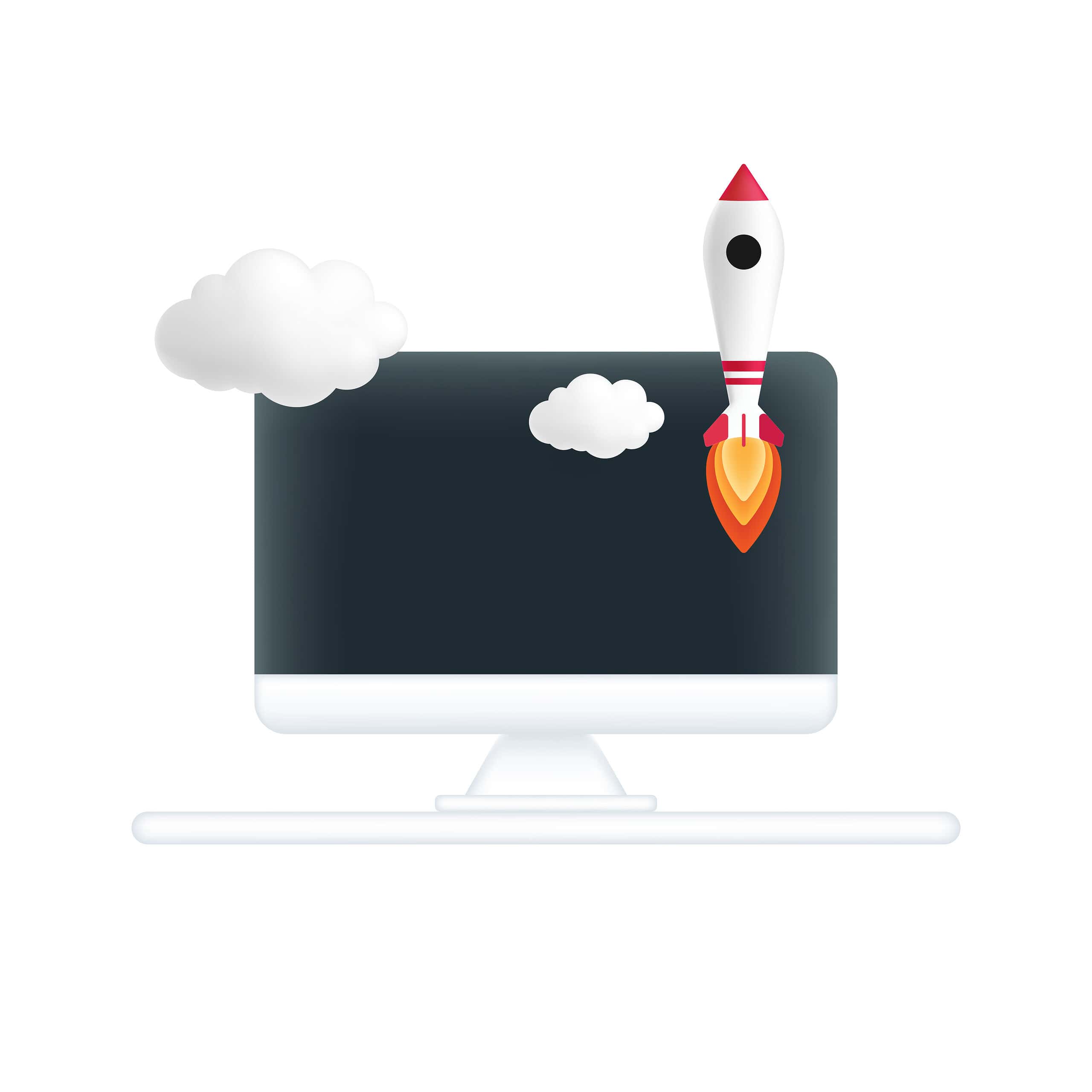 Speed Optimization in Albania – 3D illustration of a rocket launching from a monitor symbolizing fast website performance and technical SEO.