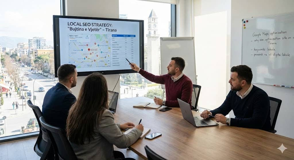 Team presenting a local SEO strategy for an Albanian business, illustrating the impact of professional SEO services in Albania on Google Maps rankings.
